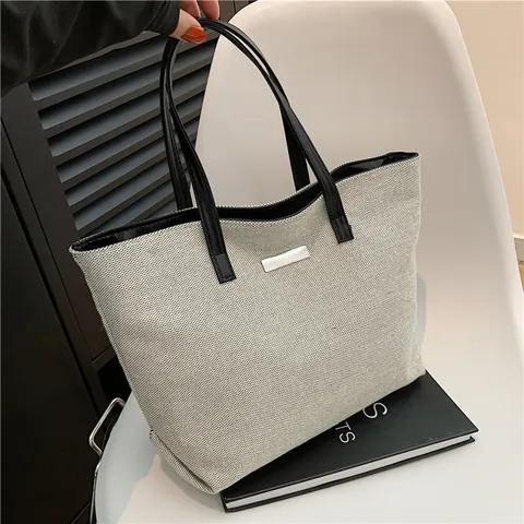 Women Large Capacity Canvas Tote Bag Minimalist PU Leather Strap Shoulder Bag Urban Simple Commute Handbag Daily Travel