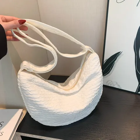 Women's Casual Bubble Texture Crescent Bag Large Capacity Textured Canvas Shoulder Crossbody Bag Trendy Solid Color Purse