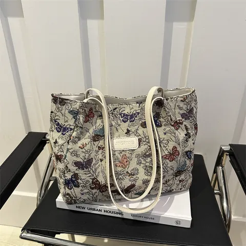 Borsa Tote Jacquard con Stampa Farfalle da Donna Grande Capacità Borsa a Tracolla in Tela Moda Vintage Borsa per Studenti Cerniera