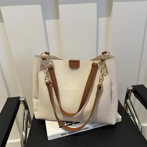 Conjunto de Bolso Tote y Bolso Pequeño de Moda para Mujer Cuero PU Gran Capacidad Patrón Lichi Color Contraste Bolso Hombro