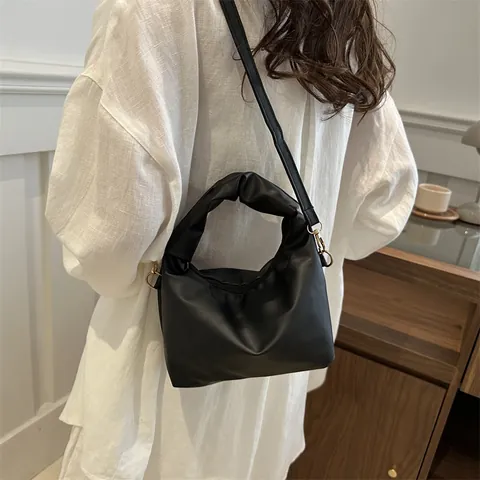 Women PU Leather Shoulder Bag Ruched Handle Small Square Crossbody Bag Minimalist Solid Color Handbag For Daily Commuting