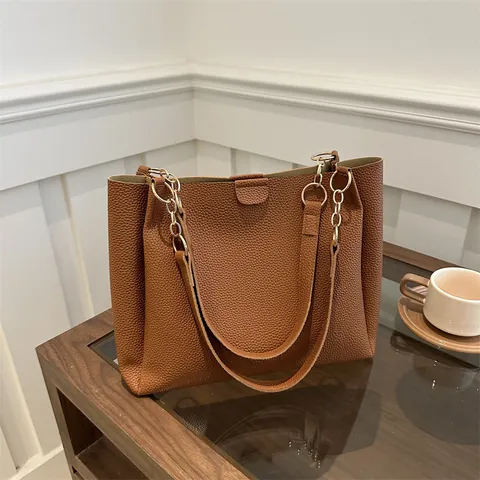 Conjunto de Bolso Tote y Bolso Pequeño de Moda para Mujer Cuero PU Gran Capacidad Patrón Lichi Color Contraste Bolso Hombro