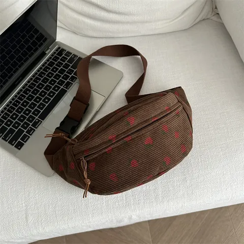 Women Corduroy Strawberry Print Waist Bag Japanese Style Cute Chest Bag Crossbody Fanny Pack For Daily Travel Casual Bag