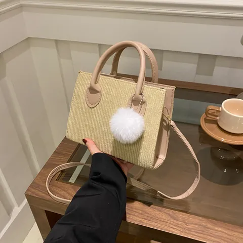 Vintage Corduroy Crossbody Bag For Women Small Square Shoulder Bag With Fur Ball Minimalist Solid Color Daily Handbag