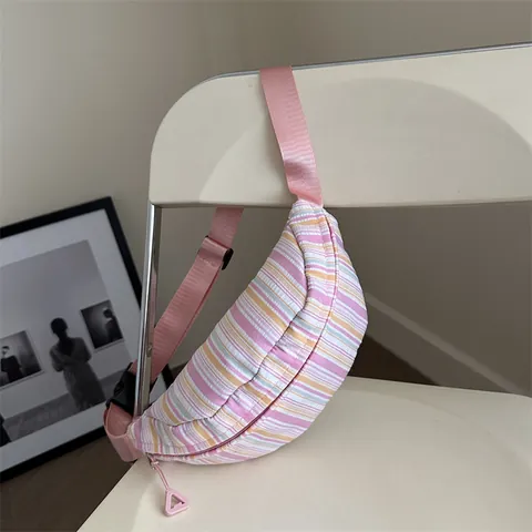 Women's Fashion Nylon Striped Chest Bag Large Capacity Student Color Contrast Waist Bag Casual Literary Crossbody Fanny Pack Travel Shoulder Bag