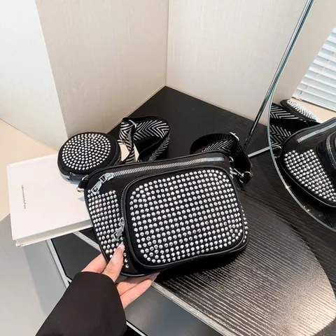 Borsa a Tracolla Donna Moda Strass in Pelle PU Con Borsellino Rotondo Tracolla Larga Geometrica Borsa a Spalla Trend