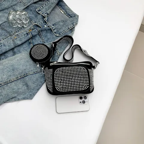 Borsa a Tracolla Donna Moda Strass in Pelle PU Con Borsellino Rotondo Tracolla Larga Geometrica Borsa a Spalla Trend