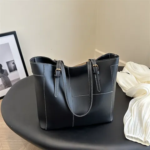Women Minimalist PU Leather Tote Bag Large Capacity Contrast Stitching Commuter Shoulder Handbag For Daily Work Travel