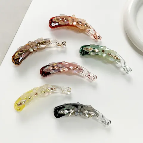 Eleganter Zelluloseacetat Bananen Haarspange Mit Strass Blume Großer Pferdeschwanz Halter Damen Vintage Blumen Haarschmuck