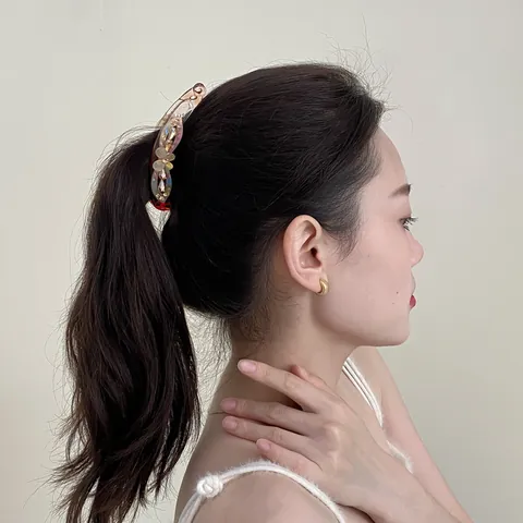 Clip a Banana in Acrilico Stile Coreano Con Fiore di Strass Fermaglio Verticale per Capelli Donna Elegante Porta Coda