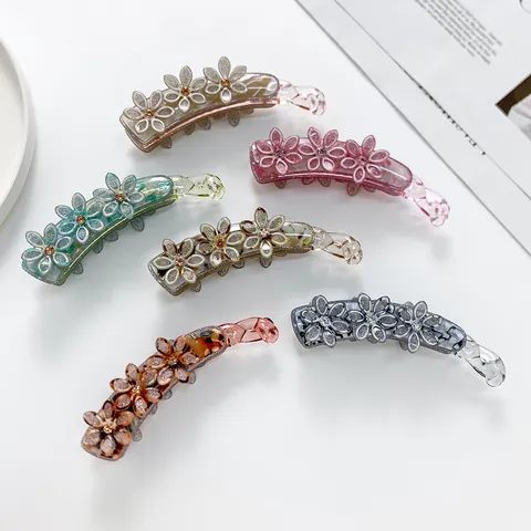Eleganter Bananen-Haarclip Mit Blumen Und Strass Glitzer Für Damen Acryl Modischer Kopfschmuck Große Haarmenge Vertikaler Pferdeschwanz-Halter