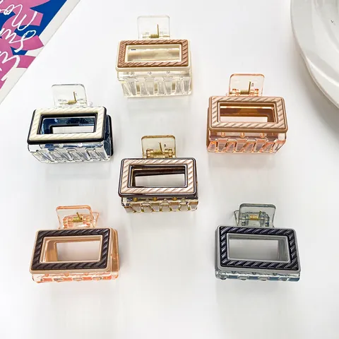 Geometric Square Hair Claw Clip For Women Kids Acrylic Transparent Contrast Color Striped Hair Clamp Non-Slip Small Jaw Clip