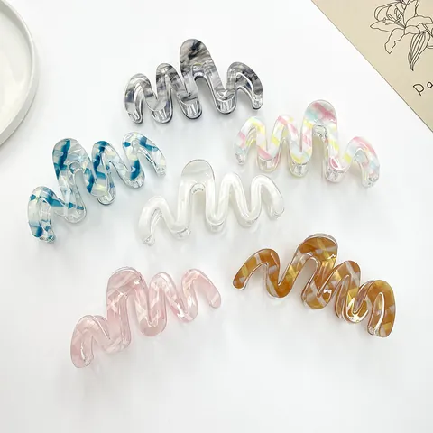 Wavy Hair Claw Clips Large Marble Pattern Acrylic Hair Jaw Clips Fashion Checkered Non Slip Hair Clamp For Women Girls