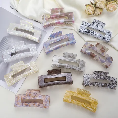 French Vintage Acetate Hair Claw Clip For Women Large Rectangle Hollow Marble Leopard Print Hair Catch Barrette Accessories