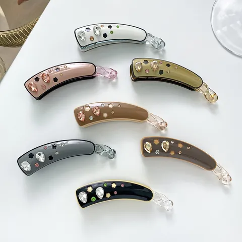 Elegant Acetate Banana Hair Clip With Rhinestones Flower Decor Vertical Hair Claw For Women Daily Commuting Accessories