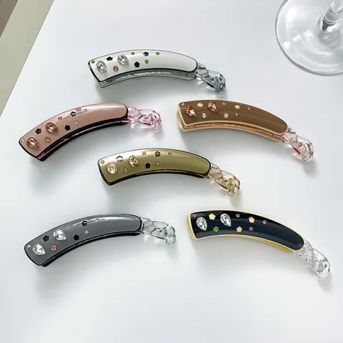 Elegant Acetate Banana Hair Clip With Rhinestone Hollow Flower Decor Large Vertical Ponytail Clip For Women Hair Jewelry