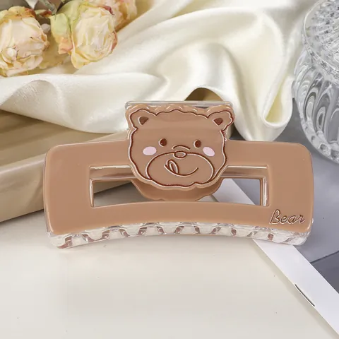 Linda Pinza de Pelo de Acrílico con Oso de Dibujos Animados Rectangular Hueca para Mujer Color Sólido Simple