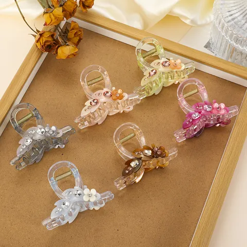 Vintage Bloemen Acryl Haarklem Met Strass Steentjes Transparante Bloem Haarklip Voor Dames Meisjes Haarstyling Accessoires