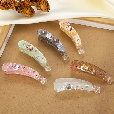 Clip per Capelli a Banana in Acrilico Iridescente Con Fiore di Strass Elegante Fiocco Forcina Verticale Per Donna Accessori