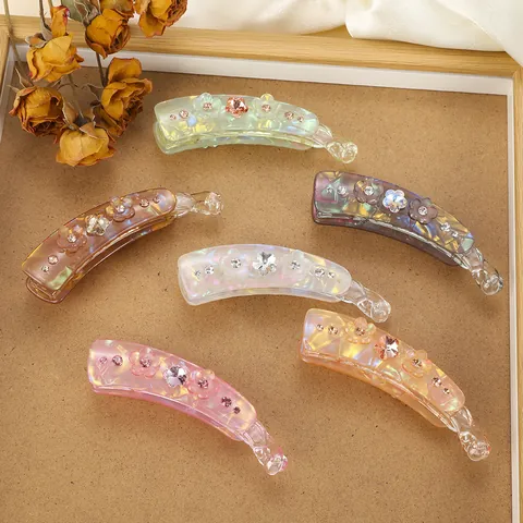 Eleganter Irisierender Bananen Haarklammer Mit 3D Floral Strass Hoher Pferdeschwanz Vertikaler Clip Damen Haarschmuck