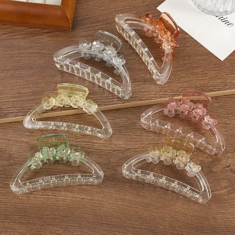 Elegant Transparent Resin Flower Hair Claw Clip Large Non-Slip Shark Clip With Rhinestone Fashion Hair Accessories For Women