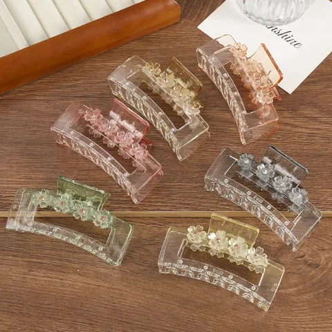Elegant Transparent Acrylic Flower Hair Claw Clip Square Hairpin With Rhinestone For Women Daily Hair Accessories