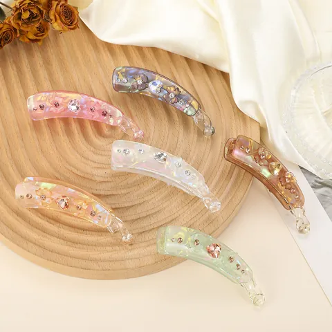 Schillernde Acryl Bananenklem Haarspange Mit Strass Blume Herz Dekor Vertikaler Pferdeschwanz Halter Damen Mode Kopfschmuck