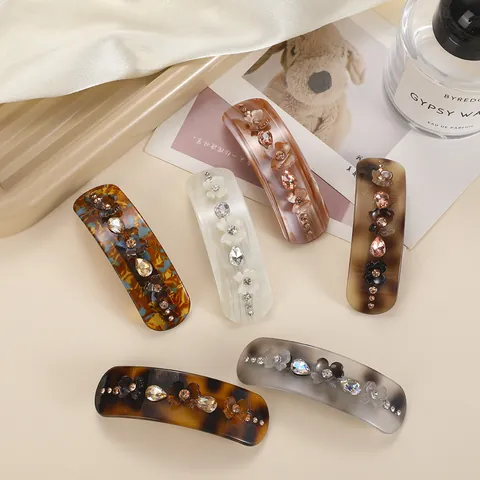 Vintage Acetate Spring Hair Clip For Women Handmade Flower Rhinestone Elegant Barrette Hairpins For Thick Hair Accessories