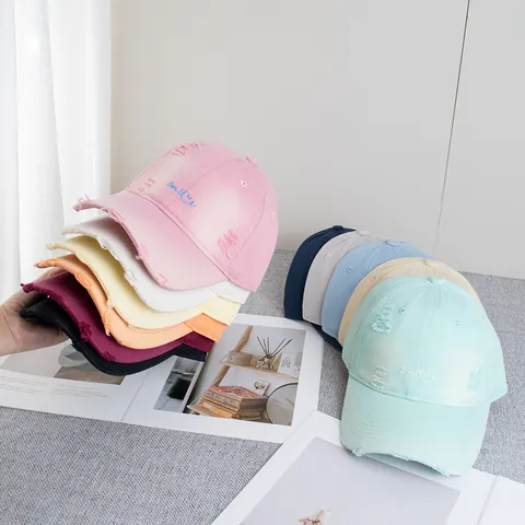 Berretto da Baseball da Donna Vintage in Cotone Logoro Ricamo Lettere Smile Strappato Regolabile Cappello da Sole Casual all'Aperto