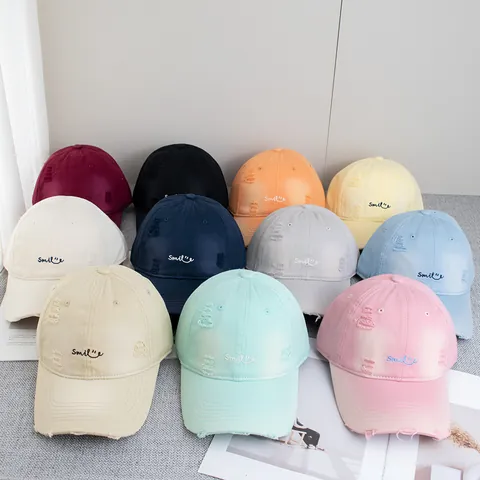 Berretto da Baseball da Donna Vintage in Cotone Logoro Ricamo Lettere Smile Strappato Regolabile Cappello da Sole Casual all'Aperto