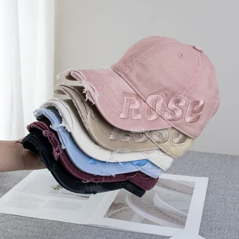 Gorra de Béisbol de Algodón Distressed para Hombre Mujer Estilo Retro Wasteland con Agujeros Bordado Letra Rose Parasol Ajustable
