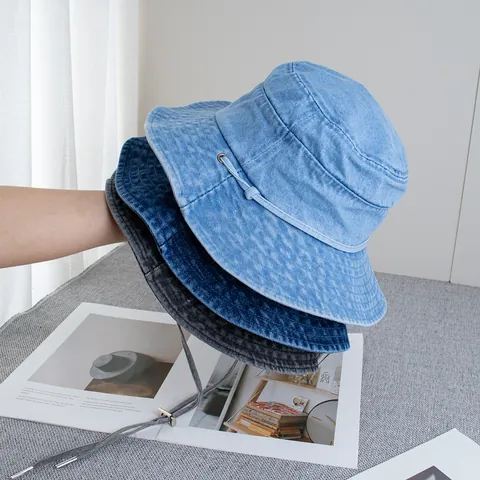 Cappello a Secchiello in Denim Lavato Vintage da Donna Tesa Larga Protezione Solare Berretto da Pescatore Con Coulisse Regolabile Viaggio