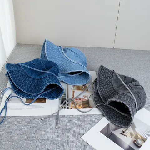 Cappello a Secchiello in Denim Lavato Vintage da Donna Tesa Larga Protezione Solare Berretto da Pescatore Con Coulisse Regolabile Viaggio