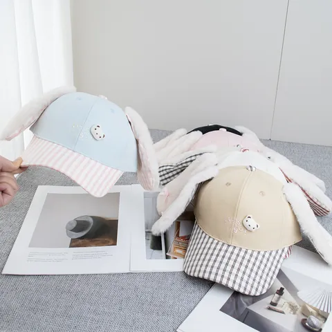 Cute Cartoon Long Plush Bunny Ears Baseball Cap For Women Kids Plaid Brim Bear Patch Embroidery Adjustable Sun Hat