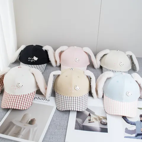Cute Cartoon Long Plush Bunny Ears Baseball Cap For Women Kids Plaid Brim Bear Patch Embroidery Adjustable Sun Hat