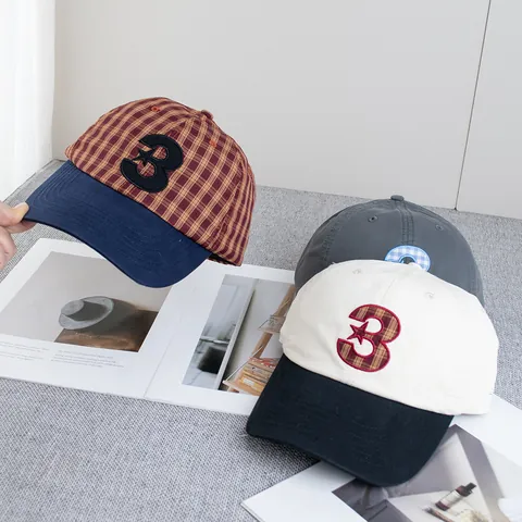 Gorra de Béisbol Retro a Cuadros Con Bordado Dígito 3 y Parche Estrella Color de Contraste Ajustable Sombrero Casual Mujer Hombre