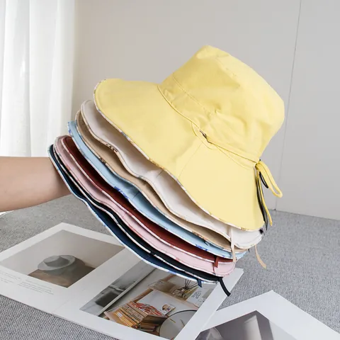 Women Double Sided Floral Bucket Hat Sun Protection Wide Brim Cotton Fisherman Hat With Bow Tie Windproof Rope Summer Beach Hat