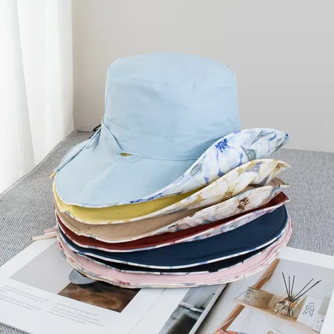 Women Double Sided Floral Bucket Hat Sun Protection Wide Brim Cotton Fisherman Hat With Bow Tie Windproof Rope Summer Beach Hat
