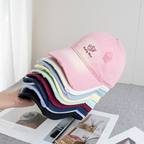 Berretto da Baseball in Cotone Distressed da Donna Ricamo Gatto Carino Regolabile Cappello retrò con Buchi Parasole
