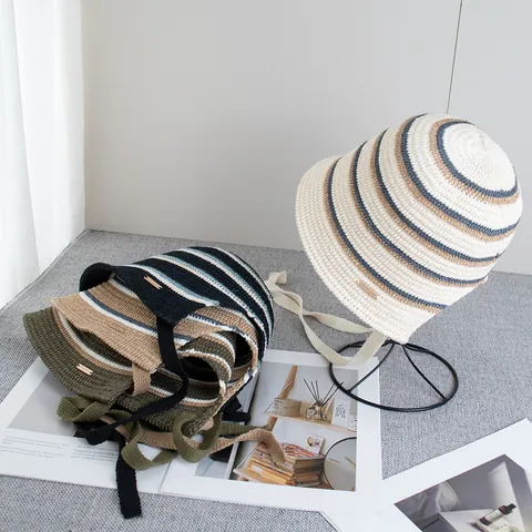 Vintage Knitted Striped Bucket Hat With Adjustable Lacing Straps For Women Summer Breathable Sun Protection Fisherman Hat