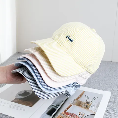 Unisex Gingham Plaid Baseball Cap Letter Happy Embroidery Curved Brim Adjustable Soft Top Cotton Blend Sun Hat For Daily Outdoor Travel