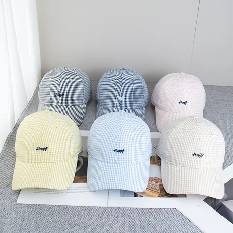 Unisex Gingham Plaid Baseball Cap Letter Happy Embroidery Curved Brim Adjustable Soft Top Cotton Blend Sun Hat For Daily Outdoor Travel