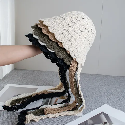 Women's Hollow Out Knitted Bucket Hat With Wavy Brim And Tie Straps Breathable Sun Protection Summer Crochet Style Beach Hat