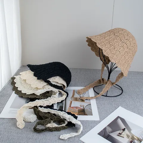 Women's Hollow Out Knitted Bucket Hat With Wavy Brim And Tie Straps Breathable Sun Protection Summer Crochet Style Beach Hat