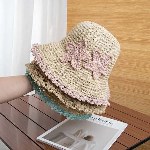 Cappello di Paglia Tessuto a Mano Con Decorazione a Stella Tesa Larga Bordo Ondulato Parasole Spiaggia Vacanza Estiva Protezione Solare Donna