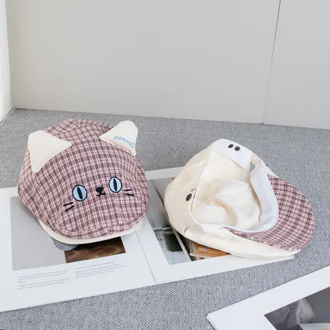 Kids Retro Plaid Cotton Newsboy Cap With 3D Cat Ears Embroidery Sweet Breathable Sun Protection Duckbill Hat For Girls Boys