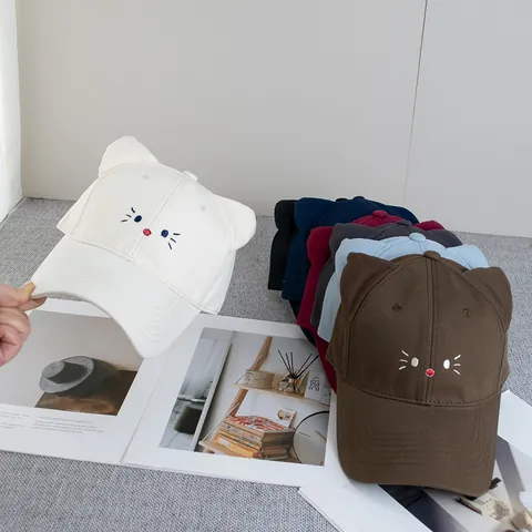Simpatico Berretto Da Baseball Con Orecchie Di Gatto 3D Per Donna Cotone Viso Animale Ricamato Protezione Solare Cappello A Becco D'Anatra Alla Moda Regolabile