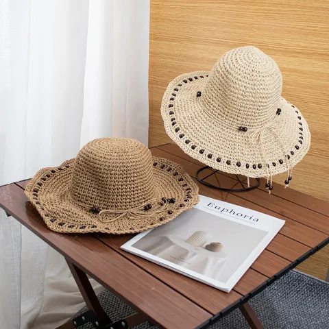 Cappello di Paglia da Donna Tessuto a Mano Con Perline di Legno Fiocco Protezione Solare Bohemienne Spiaggia Ombra Tesa Larga Pieghevole