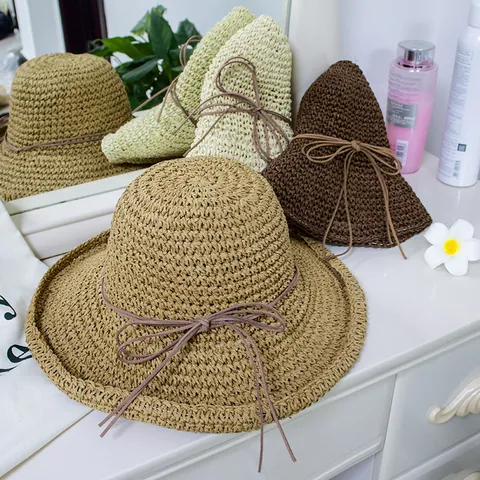 Women Summer Foldable Straw Hat Wide Brim Sun Hat Bow Decor Beach Woven Sunshade Hat For Travel Vacation