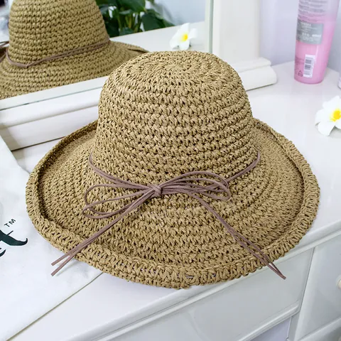 Women Summer Foldable Straw Hat Wide Brim Sun Hat Bow Decor Beach Woven Sunshade Hat For Travel Vacation